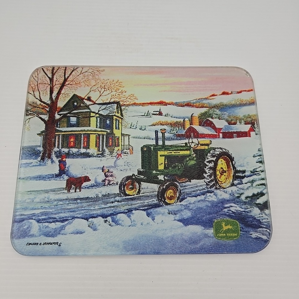 John Deere Glass Cutting Board Edward Schaefer Artist Tractor Snow 10"x8"